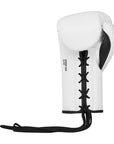 White boxing glove with laces, suitable for boxing and kickboxing.