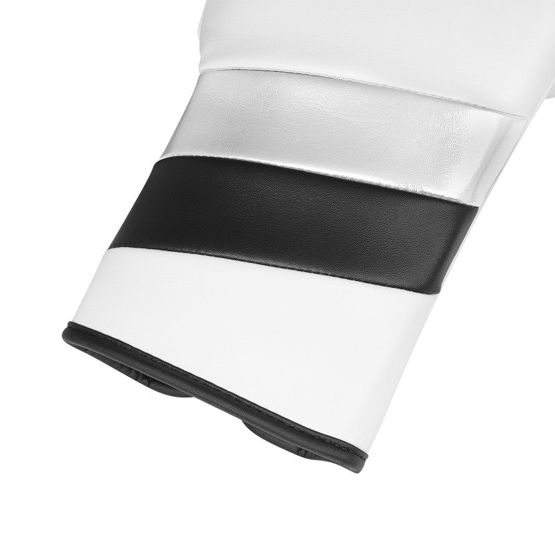 White and black glove designed for boxing and training.