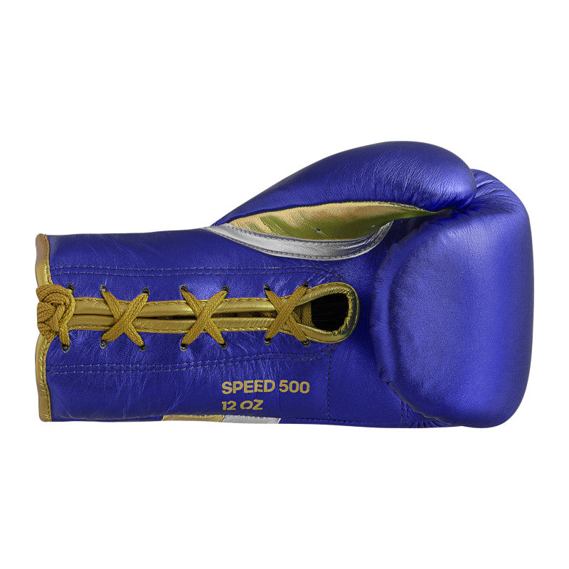 Blue boxing glove with yellow laces from adidas Adi-Speed 500 series.