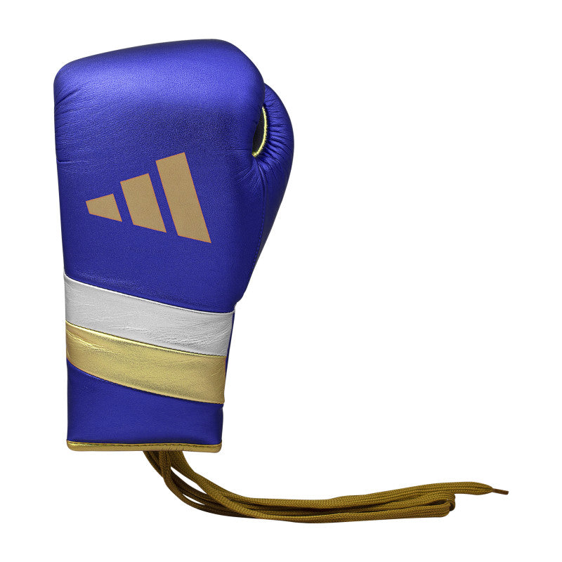 Blue boxing glove with gold accents, Adidas Adi-Speed 500 Pro.