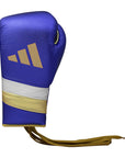 Blue boxing glove with gold accents, Adidas Adi-Speed 500 Pro.