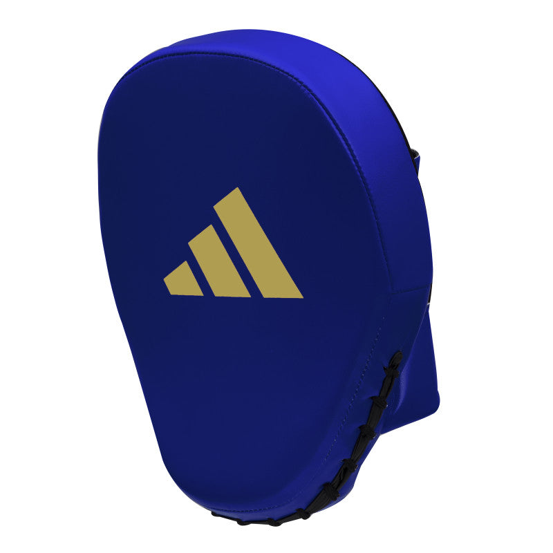 Blue boxing glove with yellow logo for training.