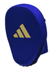 Blue boxing glove with yellow logo for training.