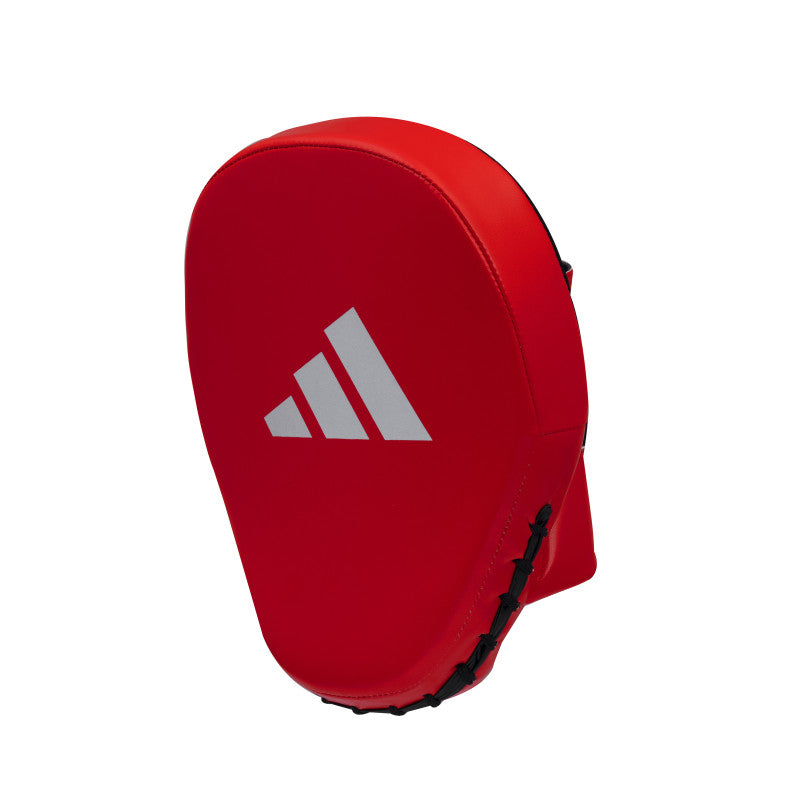 Red pad with white logo for boxing training.