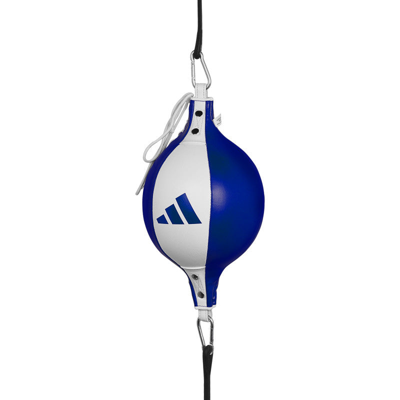 Blue and white punching bag designed for boxing practice.