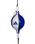 Blue and white punching bag designed for boxing practice.