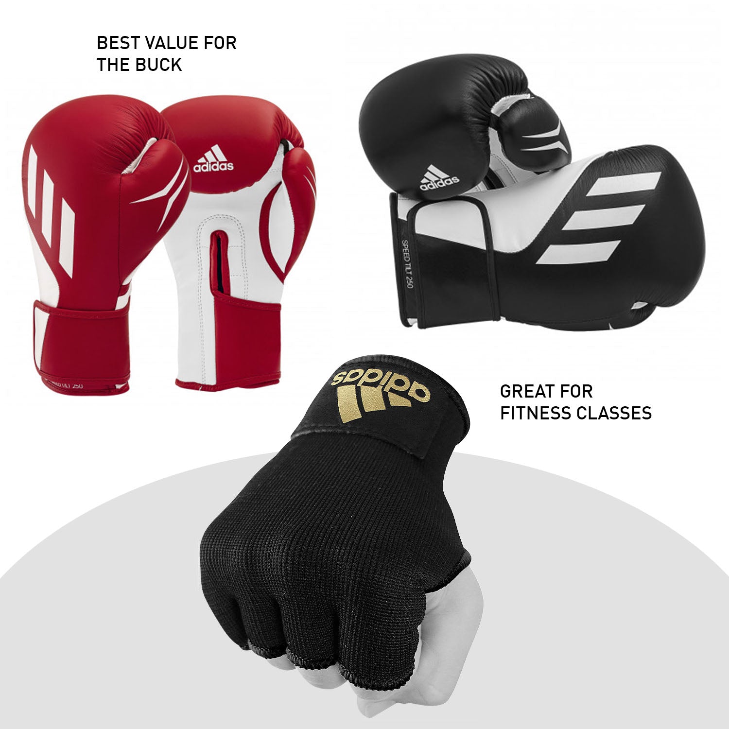 Group of boxing gloves in adidas Speed Tilt 250 bundle.