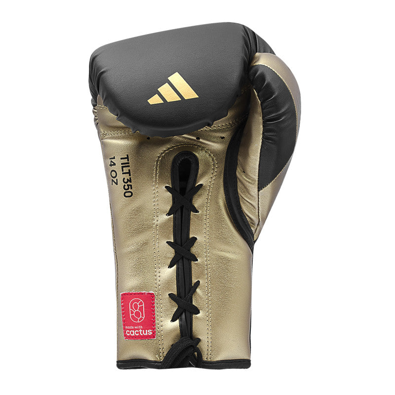 A boxing glove with laces designed for training.