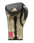 A boxing glove with laces designed for training.