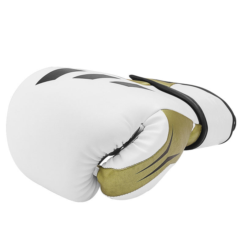 White boxing glove with black stripes.