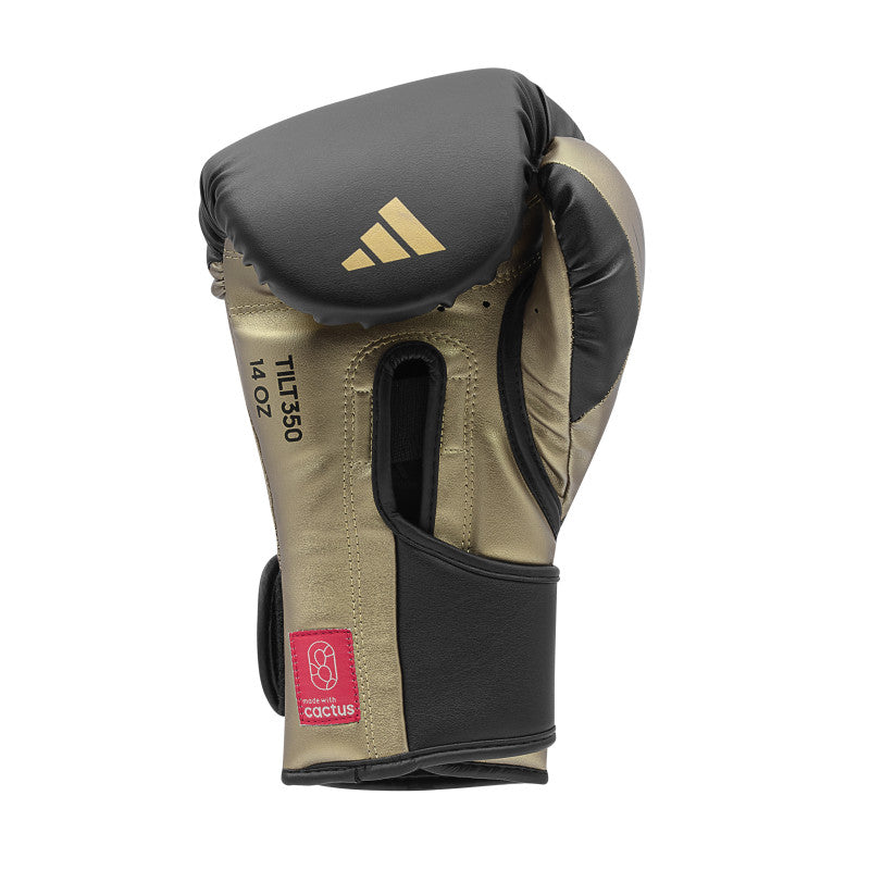 Single white and gold Tilt 350 PRO training boxing glove in 16 oz size.