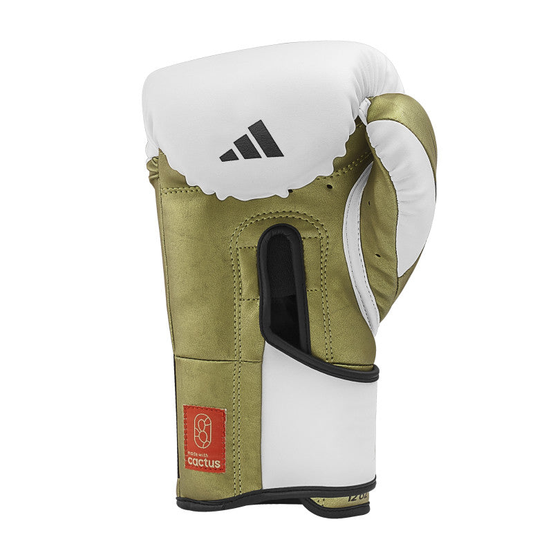 Boxing glove on a white background, white and gold, 18 oz.