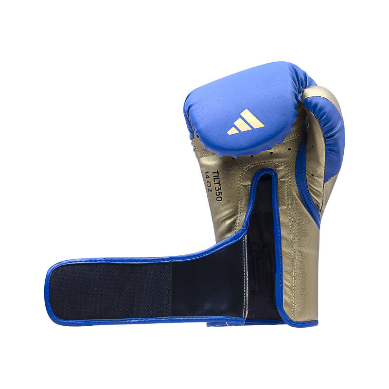 Blue and gold boxing glove for training.