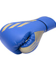 Blue and gold boxing glove for training.