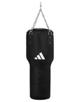 Black leather punching bag with chain for hanging.