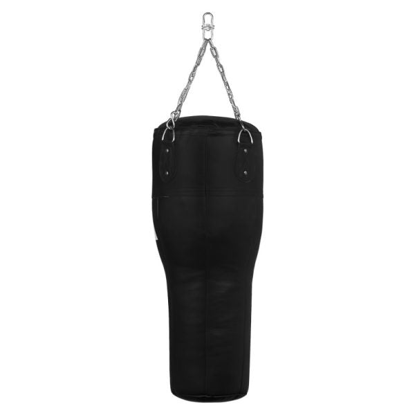 Black punching bag with silver chains for gym use.