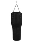 Black punching bag with silver chains for gym use.