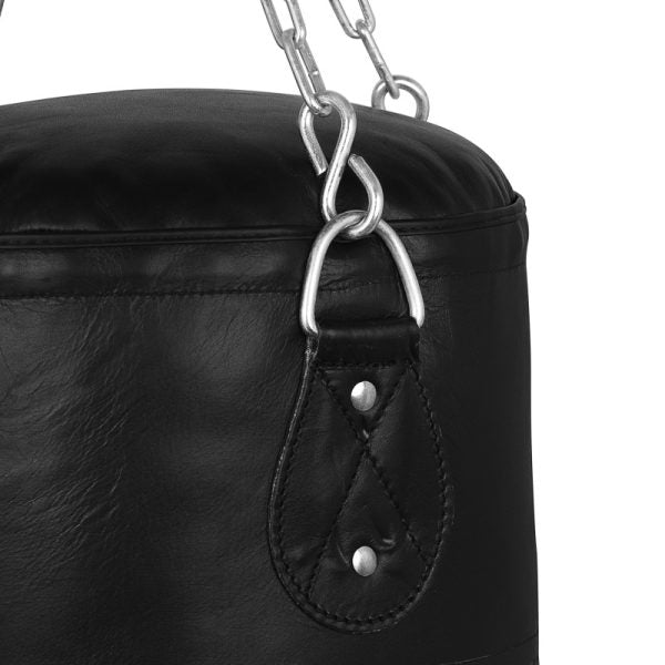 Black leather punching bag with silver chains.