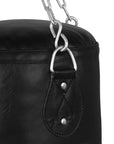 Black leather punching bag with silver chains.