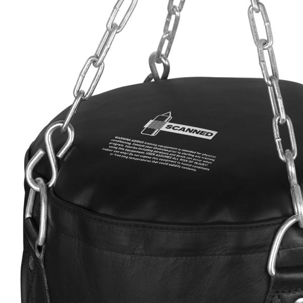 Black punching bag with silver chains for upper cuts.