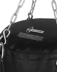 Black punching bag with silver chains for upper cuts.