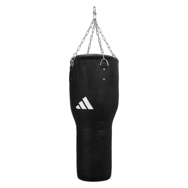 Black punching bag with chain for boxing training.