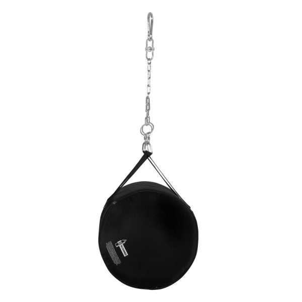 A black round Adidas bag with a chain for boxing.