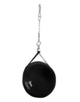 A black round Adidas bag with a chain for boxing.