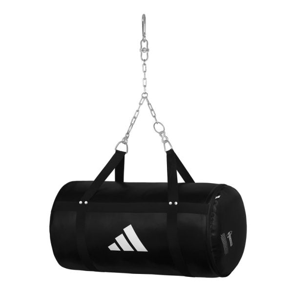 Black punching bag hanging from a chain.