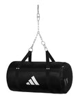 Black punching bag hanging from a chain.