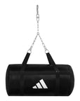 Black horizontal punching bag with chain attachment.