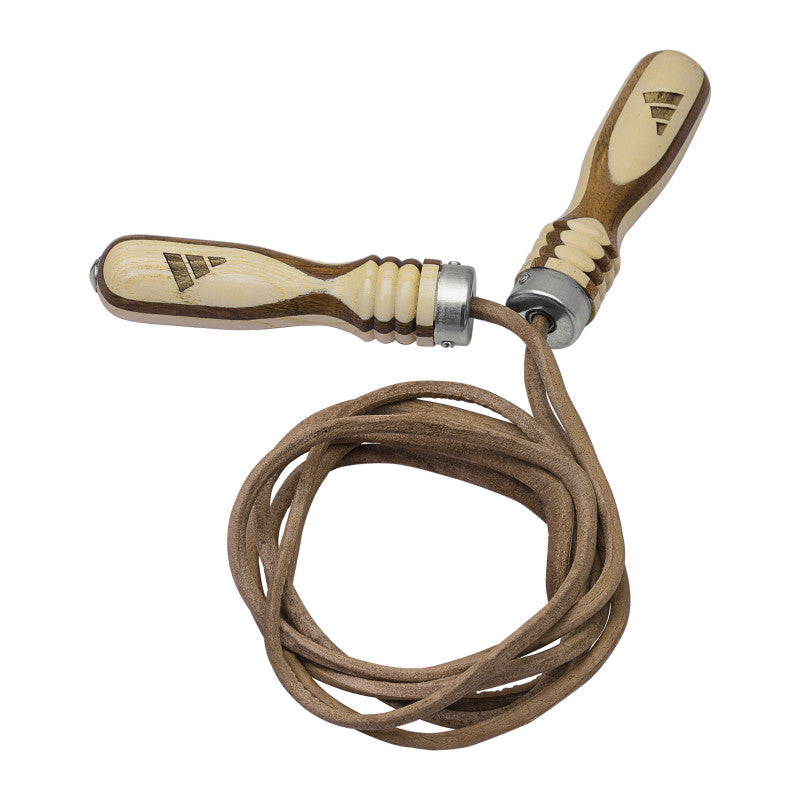 A jump rope with wooden handles.