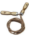 A jump rope with wooden handles.