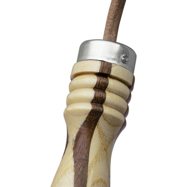 Close up of a wooden handle on a jump rope for fitness.